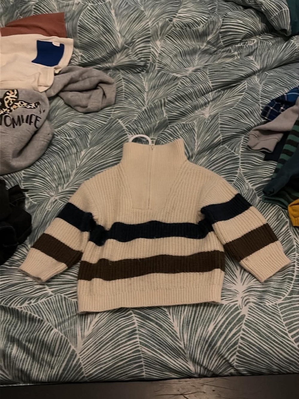 Baby Zara 9-12 months Cream Ribbed Half-Zip Sweater with Navy and Brown Stripes